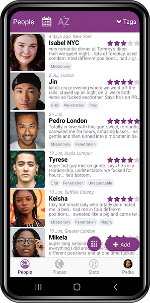 Boink People screen, list of diary entries